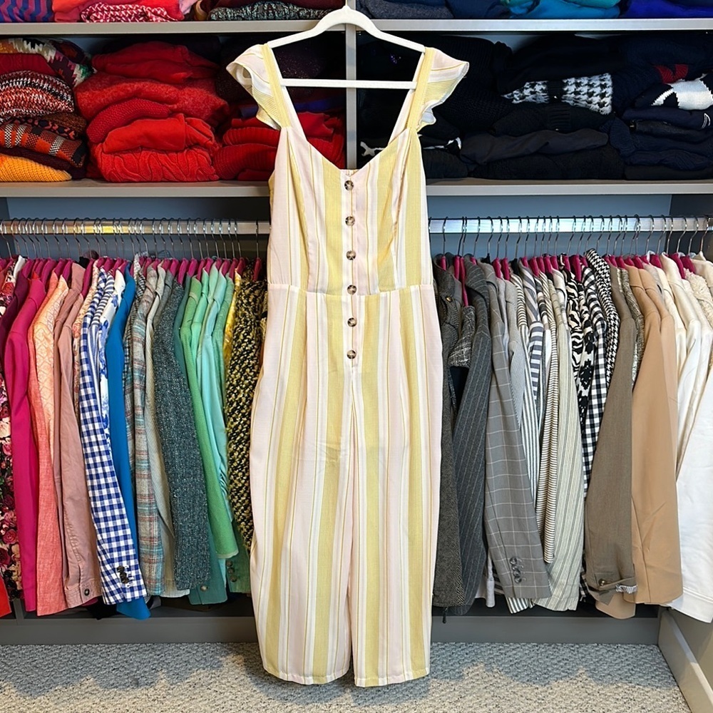 Candie’s yellow/pink/white striped sleeveless back smocked buttoned jumpsuit M